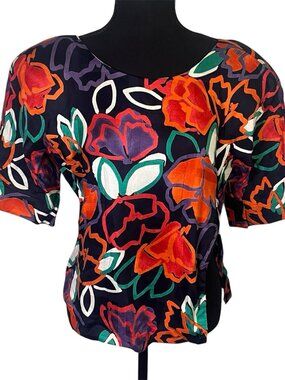 Vintage 80s 90s Prophecy Abstract Floral Blouse Shoulder Pads Button Split Sz 10
